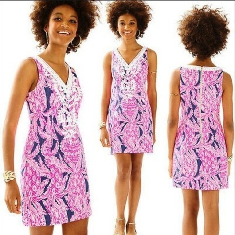 Lilly Pulitzer Gabby V-Neck Shift Dress Coco Safari sz 2 Pineapples